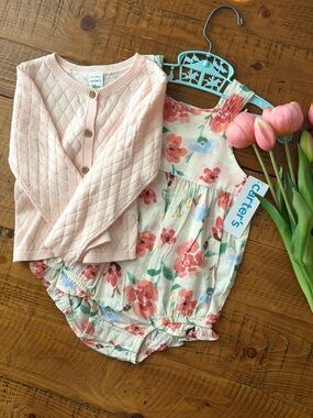 NWT’s Carter's Baby girl 2 piece pink cardigan and spring/summer bubble set